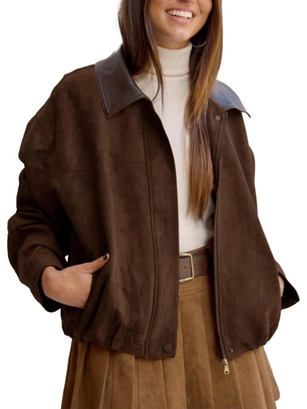 Women Coffee Spandex Point Collar Long Sleeve Aviator Oversized Bomber Jacket
